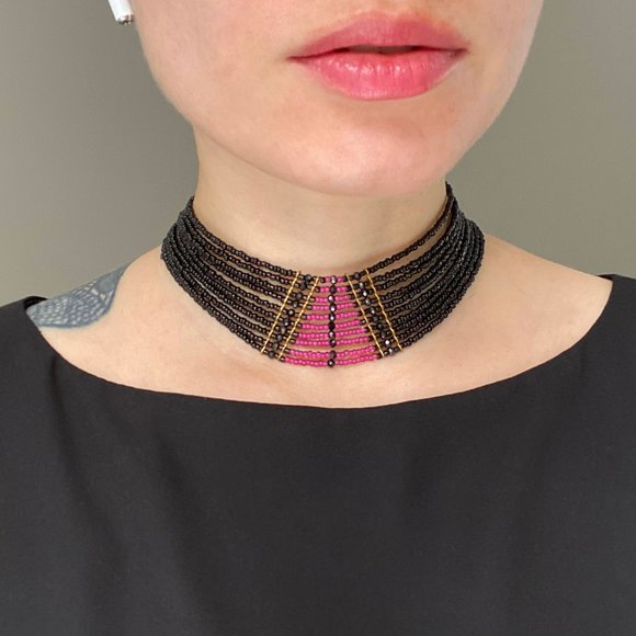 Pink and black wide collar choker, accent multi strand choker necklace OOAK - Picture 7 of 10